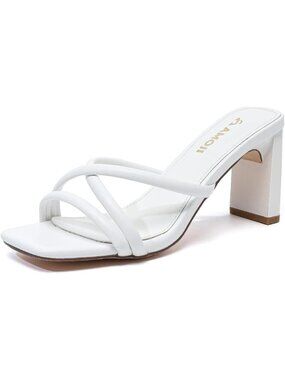 Women's White 3 Inches Slip On Block Heels Square Toe Casual Heeled Sandals